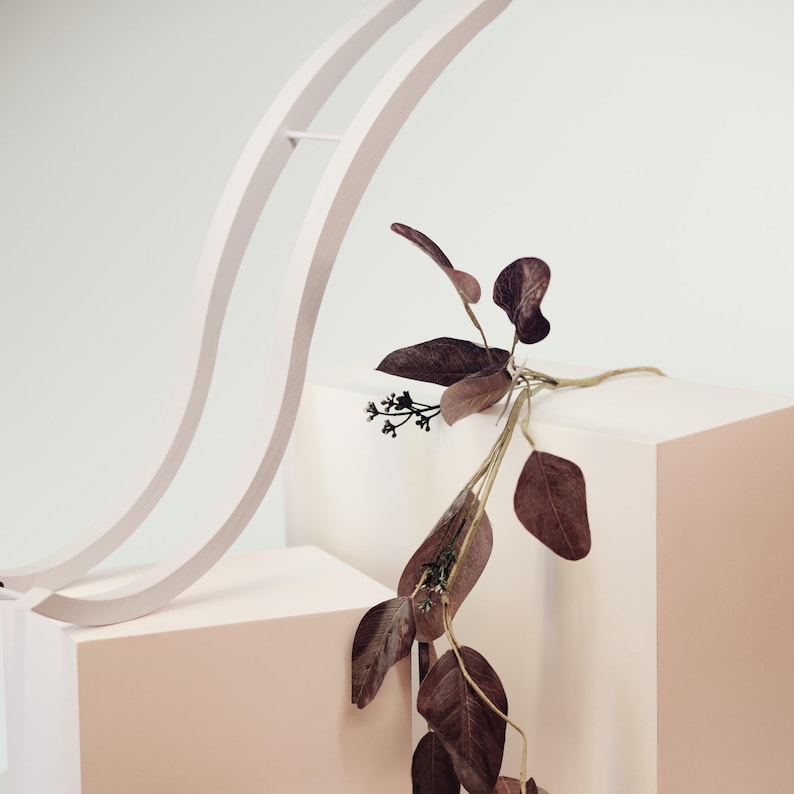 May include: A pale pink curved arch structure positioned behind two pale pink rectangular blocks. A decorative stem with dark brown, rounded leaves and small dark berries is draped over the taller rectangular block in the foreground.