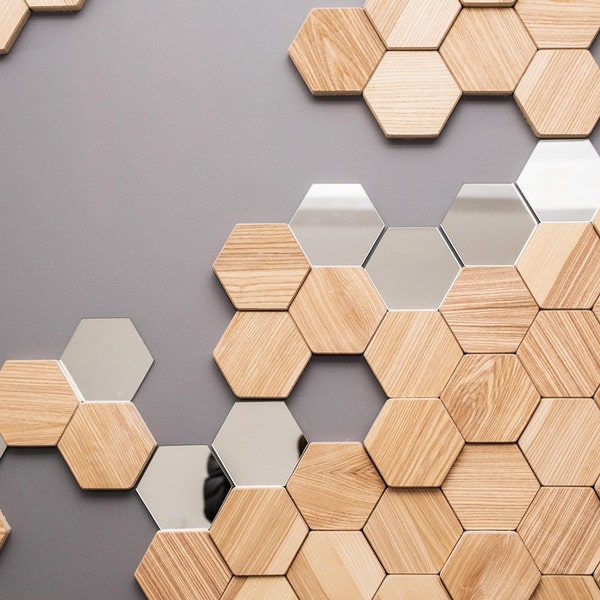 Panneau d'art mural miroir hexagone en bois Décor Mosaïque unique Sculpture géométrique moderne Panneaux en nid d'abeille Hexagones