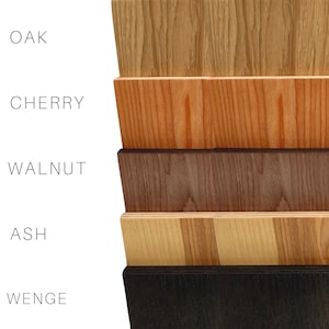 Wood finish options for tall indoor plant stand: Oak (light natural), Cherry (warm amber), Walnut (medium brown), Ash (pale grey-beige), Wenge (near black). All solid birch plywood with real wood veneer, natural grain visible.