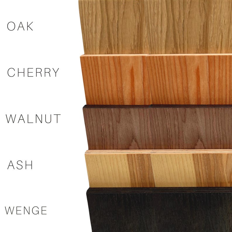 Wood finish options for tall indoor plant stand: Oak (light natural), Cherry (warm amber), Walnut (medium brown), Ash (pale grey-beige), Wenge (near black). All solid birch plywood with real wood veneer, natural grain visible.