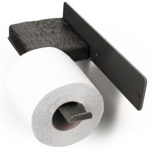 Porta carta igienica da parete, porta rotolo WC galleggiante in stile rustico con ripiano, porta carta igienica nero esclusivo con legno di carbone, design da fattoria