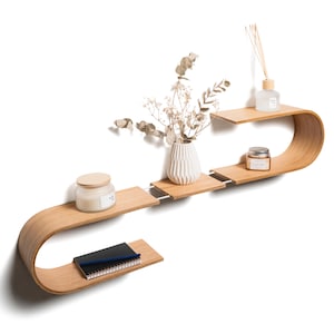 Floating wall mounted oval shelf from wood, decorative geometric wooden shelves, unique oak hanging display decor
