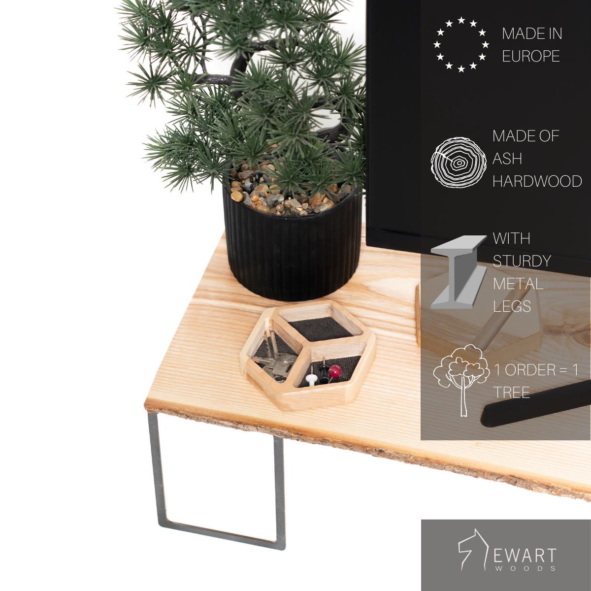 Wooden Monitor Stand With Bark, Computer Desktop Riser With Metal Legs ...