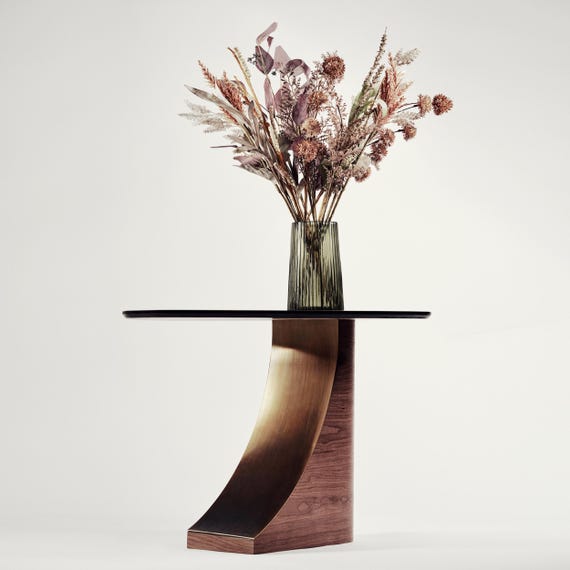 Wood Coffee Table Small with Brass, Modern Accent Tables for Living Room, C Shaped Center Sofa Table