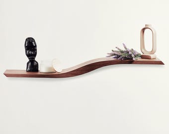 Floating Shelf Wall Mounted, Walnut Hanging Geometric Shelves, Curved Shelf with Hidden Bracket, Wooden Oak Decor Display
