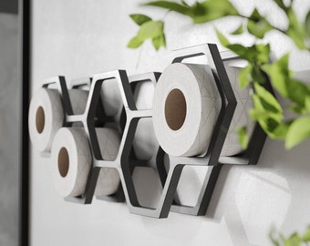 Wall Mount Toilet Paper Holder, Wood floating storage shelf for multiple TP rolls, hanging wooden restroom Loo roll rack Honeycomb ash