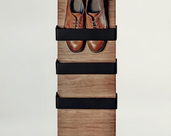 Wall Mounted Shoe Rack, Wood and Metal Entryway Organizer, Angled Footwear Holder for Hallway