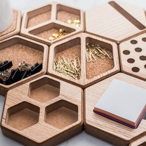 Desk accessory, Office organizator, wooden hexagon table, workplace organization, home office desk MDF