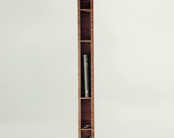 Tall Narrow Floating Shelf, Trinket Display, Walnut Wall Mounted Organizer for Entryway Hallway, 5 Cubby Vertical Storage