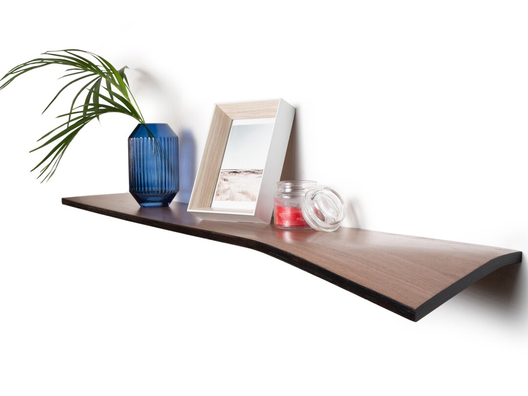 Floating Shelf Wall Mounted, Walnut Hanging Shelving, Oak Curved Living