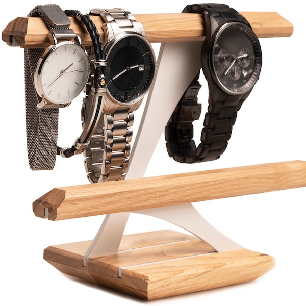 Expositor de relojes, soporte para pulseras, organizador de relojes, almacenamiento de joyas de madera, soporte para pulseras hecho de metal orgánico y madera ZIGZAG