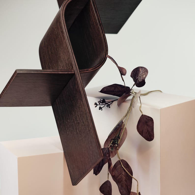 May include: A modern, dark wood sculpture with an abstract design, featuring intersecting planes and curved elements. The sculpture is paired with dried, burgundy-colored foliage, creating a contrast against the white and blush-colored background.