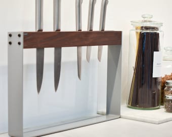 Knife Block, Unique Kitchen holder without Knives, Wooden Cutlery Rack Free Standing, Modern Wood and Metal Knifes Stand, Rustic Style