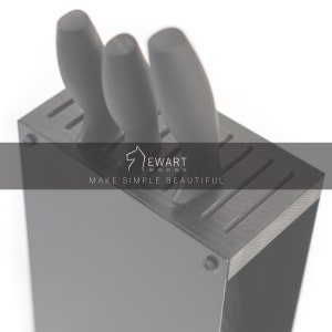 Knife block holder universal rack empty display stand designer made of colored steel and wood standing without knifes image 10