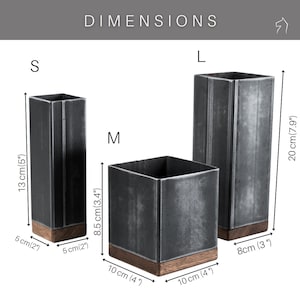 Three steel utensil holders on a white background labeled S, M, and L. The small holder is 13 cm tall and 5 cm wide, the medium is 8.5 cm tall and 10 cm wide, and the large is 20 cm tall and 8 cm wide.