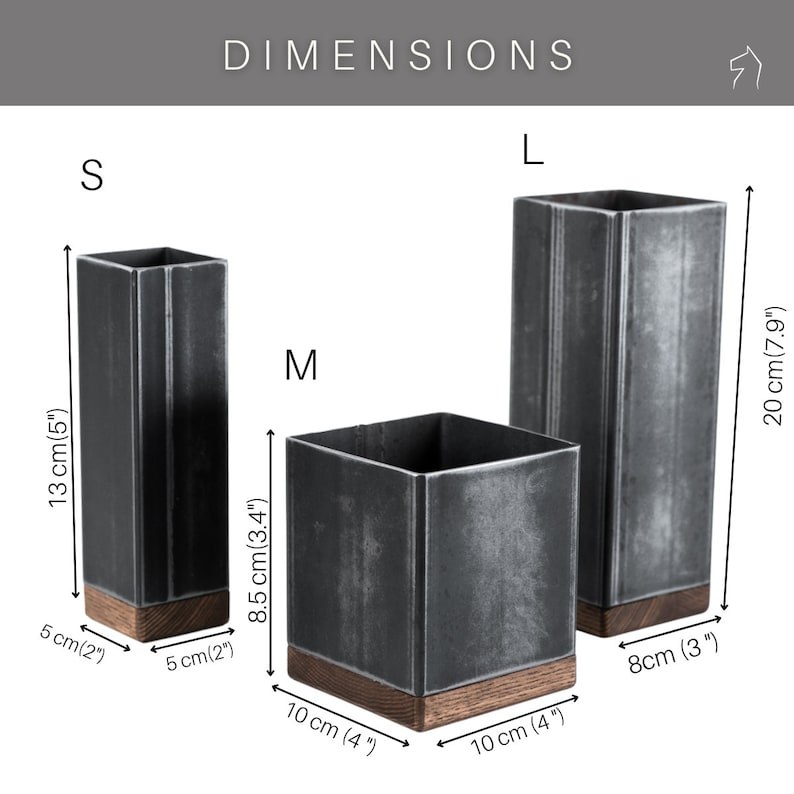 Three steel utensil holders on a white background labeled S, M, and L. The small holder is 13 cm tall and 5 cm wide, the medium is 8.5 cm tall and 10 cm wide, and the large is 20 cm tall and 8 cm wide.