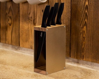 Knife Block Holder Copper, Free Standing Display of Rustic Steel and Wood, Kitchen Utensil Holder