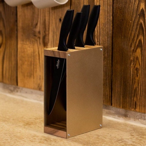 Knife Block Holder Copper, Free Standing Display of Rustic Steel and Wood, Kitchen Utensil Holder