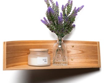 Floating wall shelf wooden half circle, candle shelving, walnut rack with golden screws, wall mounted display, geometric storage