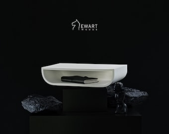 ホワイトのモダンなフローティングナイトスタンド、ウォールナット材の壁掛け式ベッドサイドシェルフ