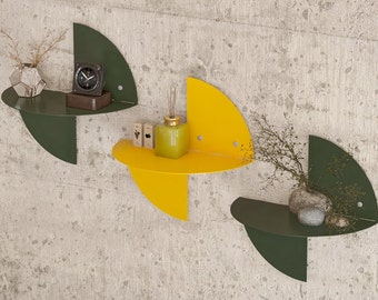 Metal wall floating shelf, Geometric shelves, modern plant shelving, green, yellow etagere