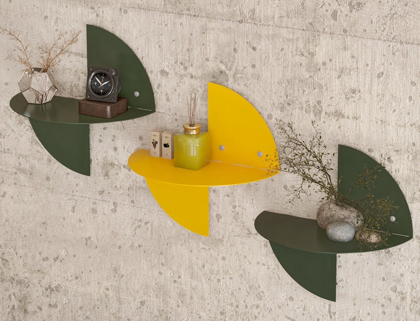 étagère murale flottante en métal, étagères géométriques, étagère à plantes moderne, verte, jaune