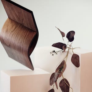 Pu&ograve; includere: Un oggetto in legno scultoreo e moderno con un design curvo, che mostra la venatura naturale del legno. L'oggetto sembra fluttuare sopra un espositore geometrico bianco e rosa. Un rametto di foglie bordeaux aggiunge un tocco naturale.