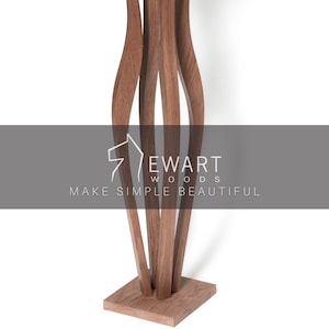 Walnut tall floor plant stand without pot, clean white background showing full sculptural 4-leg silhouette. Square base, 118cm high. Handmade by Ewart Woods. A unique gift idea for plant lovers seeking a modern wooden flower pot stand.