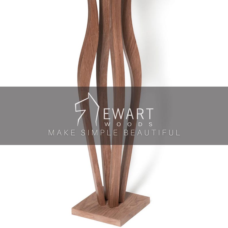 Walnut tall floor plant stand without pot, clean white background showing full sculptural 4-leg silhouette. Square base, 118cm high. Handmade by Ewart Woods. A unique gift idea for plant lovers seeking a modern wooden flower pot stand.