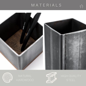Close-up of utensil holders made from natural hardwood and high-quality steel, displayed on a white background.