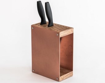 Knife block holder standing display designer made of rustic steel and wood