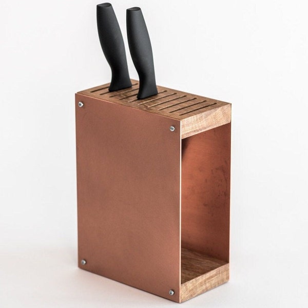 Knife block holder standing display designer made of rustic steel and wood