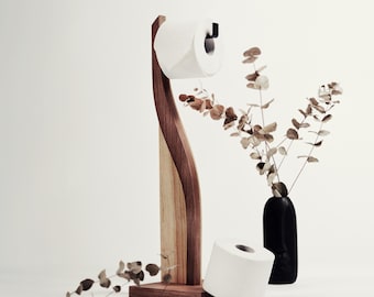 Free Standing Toilet Paper Holder, Freestanding Wooden Roll Stand near Toilet, No Drill Walnut TP Storage