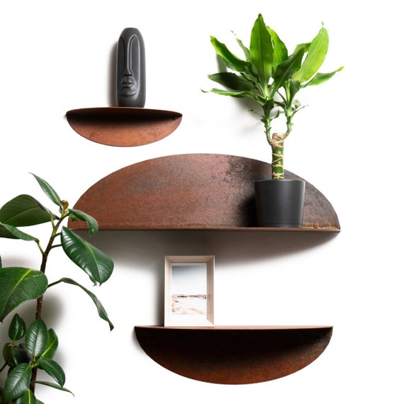Rustic Metal Shelf for Wall, Farmhouse Steel Display Shelving, Industrial Design Floating Metal Shelves, Set of Brown Decorative Shelfs