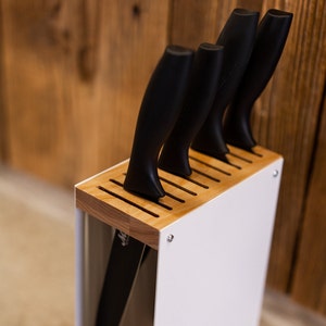 Knife block holder universal rack empty display stand designer made of colored steel and wood standing without knifes image 3