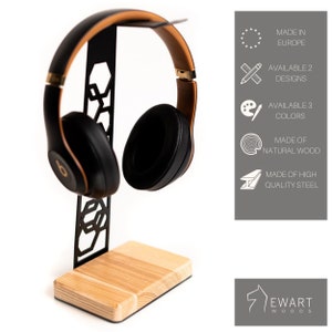 Stylish headphone stand with hexagonal cutout design on a high-quality steel frame, supported by a natural birch wood base. Available in two designs and three color options, made in Europe with premium materials.