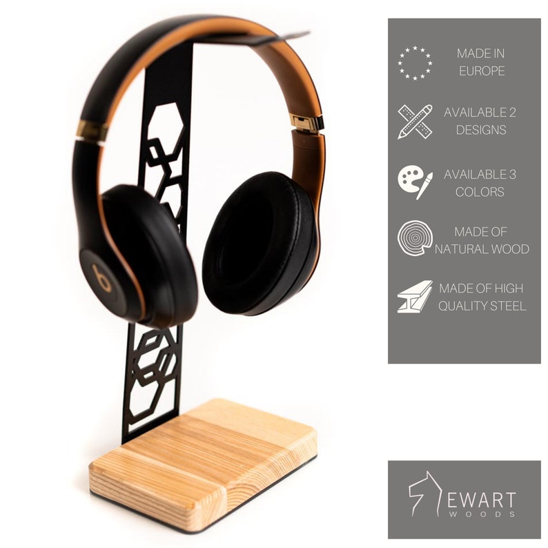 Stylish headphone stand with hexagonal cutout design on a high-quality steel frame, supported by a natural birch wood base. Available in two designs and three color options, made in Europe with premium materials.