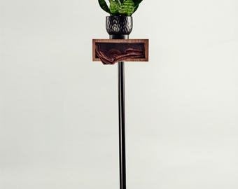 Tall Wooden Plant Stand Indoor, Mid Century Modern Pedestal with Storage Niche, Walnut Pillar Column for Pots, Handmade Living Room Decor