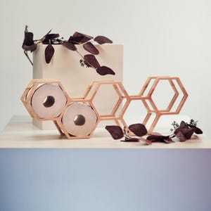 May include: A light-toned wooden toilet paper holder featuring a connected honeycomb structure with hexagonal compartments. Two rolls of white toilet paper are stored within the left-most sections of the wooden frame, which is displayed horizontally.