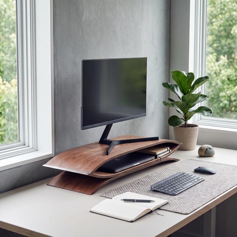 May include: A curved wooden monitor stand with two tiers, featuring a dark walnut finish. The stand supports a black computer monitor and houses a laptop on the lower shelf. The desk setup includes a wireless keyboard, a mouse, and an open notebook.