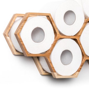 Toilet Paper Holder Wall Mount, Wood TP floating storage shelf for tissue, hanging wooden Honeycomb restroom Loo roll rack image 6