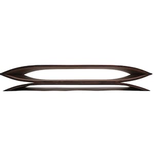 May include: A dark brown, curved wooden object with a smooth, layered finish. The piece features two symmetrical, elongated, and arched horizontal sections that meet at pointed ends, creating a wide, hollow, and oval-shaped opening in the center.