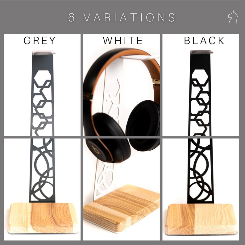 This image showcases three variations of the headphone stand, available in grey, white, and black, each featuring a different design cutout on the steel frame and a natural wood base.