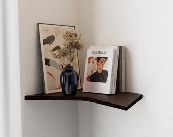 Corner Shelf of Oak Wood, Floating Wall Plant Shelves, Indoor Unit for Small Spaces, Bedroom Bookshelf, Wall Mount Shelving, Walnut Ledge