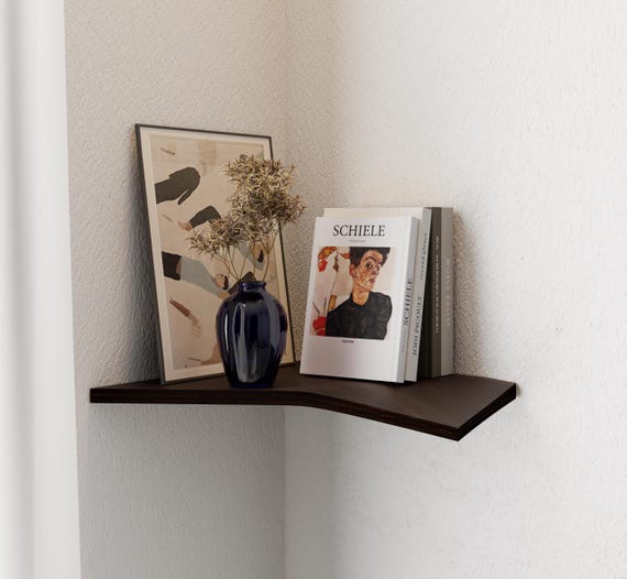 Corner Shelf of Oak Wood, Floating Wall Plant Shelves, Indoor Unit for Small Spaces, Bedroom Bookshelf, Wall Mount Shelving, Walnut Ledge