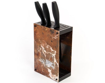 Knife block holder rustic rack display stand designer made of rustic steel and wood standing