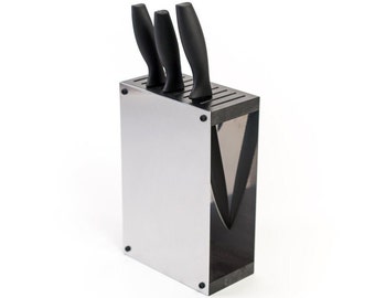 Knife block holder universal rack empty display stand designer made of colored steel and wood standing without knifes