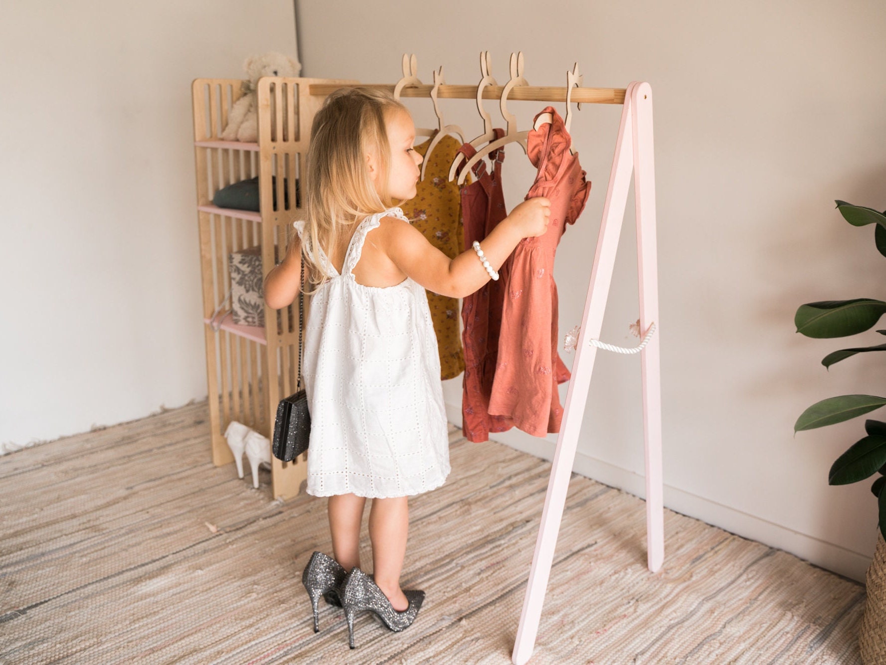 Montessori Wardrobe, Kids Clothing Rack, Wood Clothing Frame Rack Dress Up, Display  Kids Wardrobe, Baby Clothes Storage Child Size Furniture 