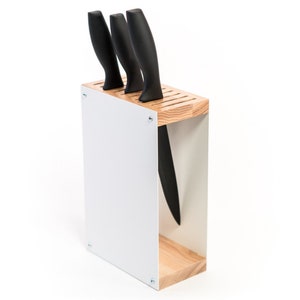 Knife block holder universal rack empty display stand designer made of colored steel and wood standing without knifes image 4