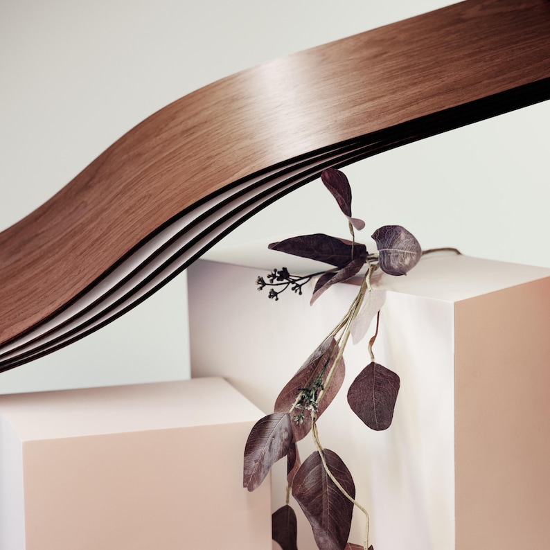 Floating Shelf Wall Mounted, Walnut Hanging Geometric Shelves, Curved Wall Shelf with Hidden Bracket, Wooden Oak Decor Display image 3